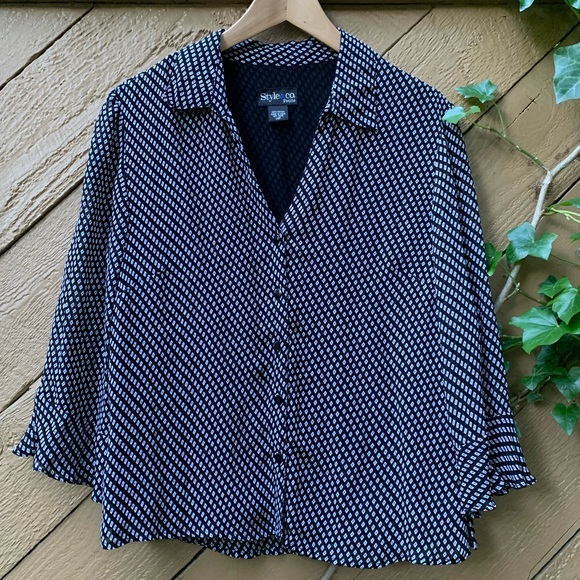Style & Co. Tops - Style Co 3/4 ruffle sleeve button-up Shirt Sz 14P black white check business top